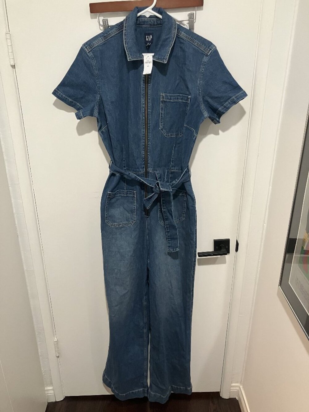 GAP Denim Jumpsuit Belted Short Sleeve Wide Leg Zip Up Medium Wash 12 Tall NWT